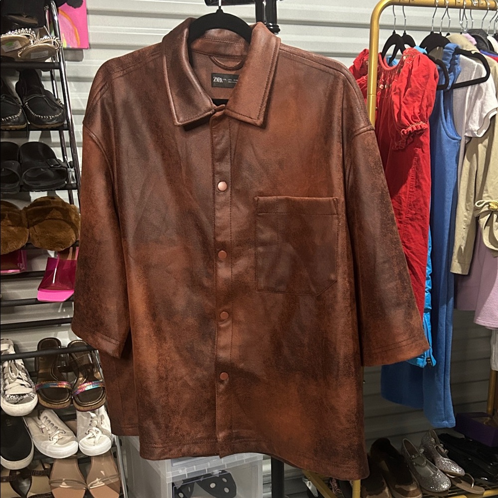 Zara Brown faux leather snap Shirt /Jacket size large